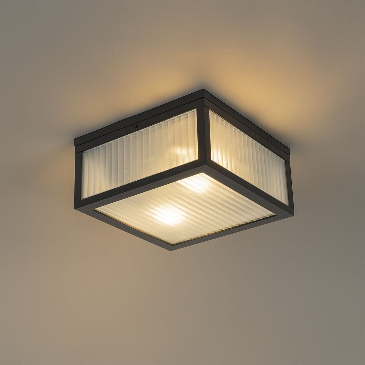 Buiten plafondlamp zwart met ribbel glas 2-lichts IP44 - Charlois