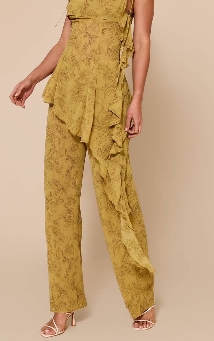 Chartreuse Pantalon Droit En Mousseline À Imprimé Abstrait Taille Haute Coordonné