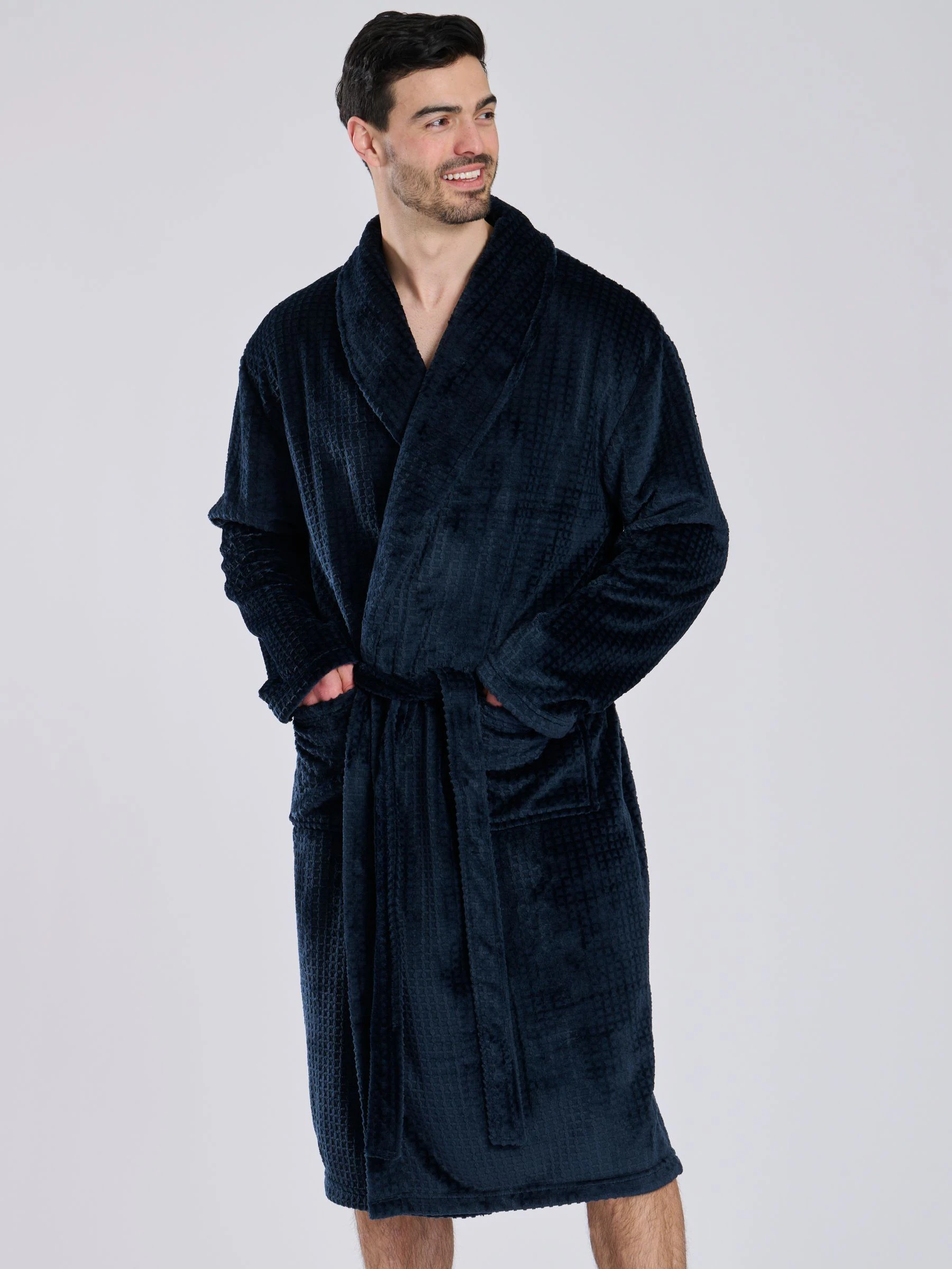 Blauw - Loungeable wafelstof fleece kamerjas met sjaalkraag
