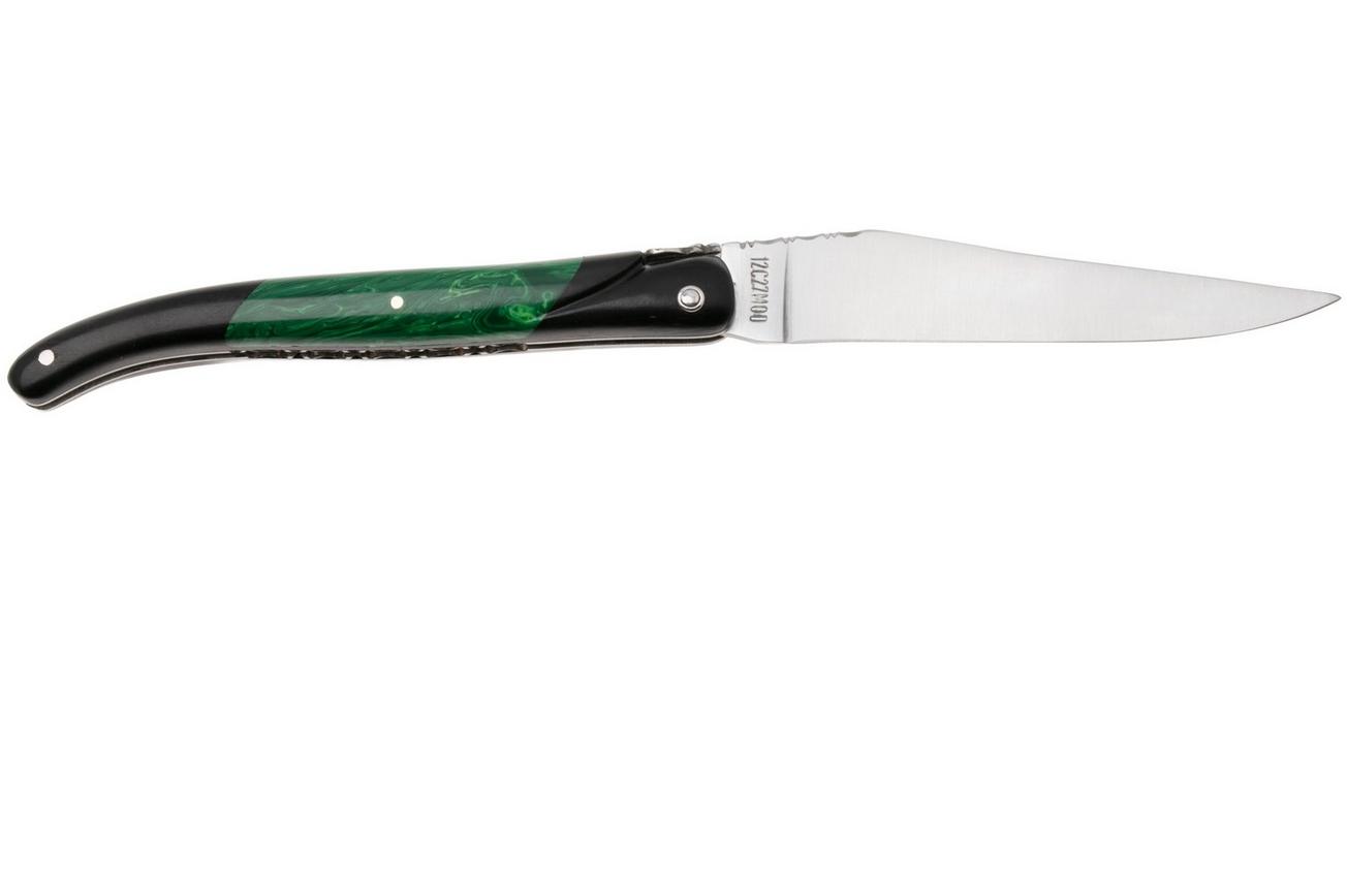 Laguiole en Aubrac Ebony, Malachite Inlay, Handcarved Plates, zakmes, 12 cm