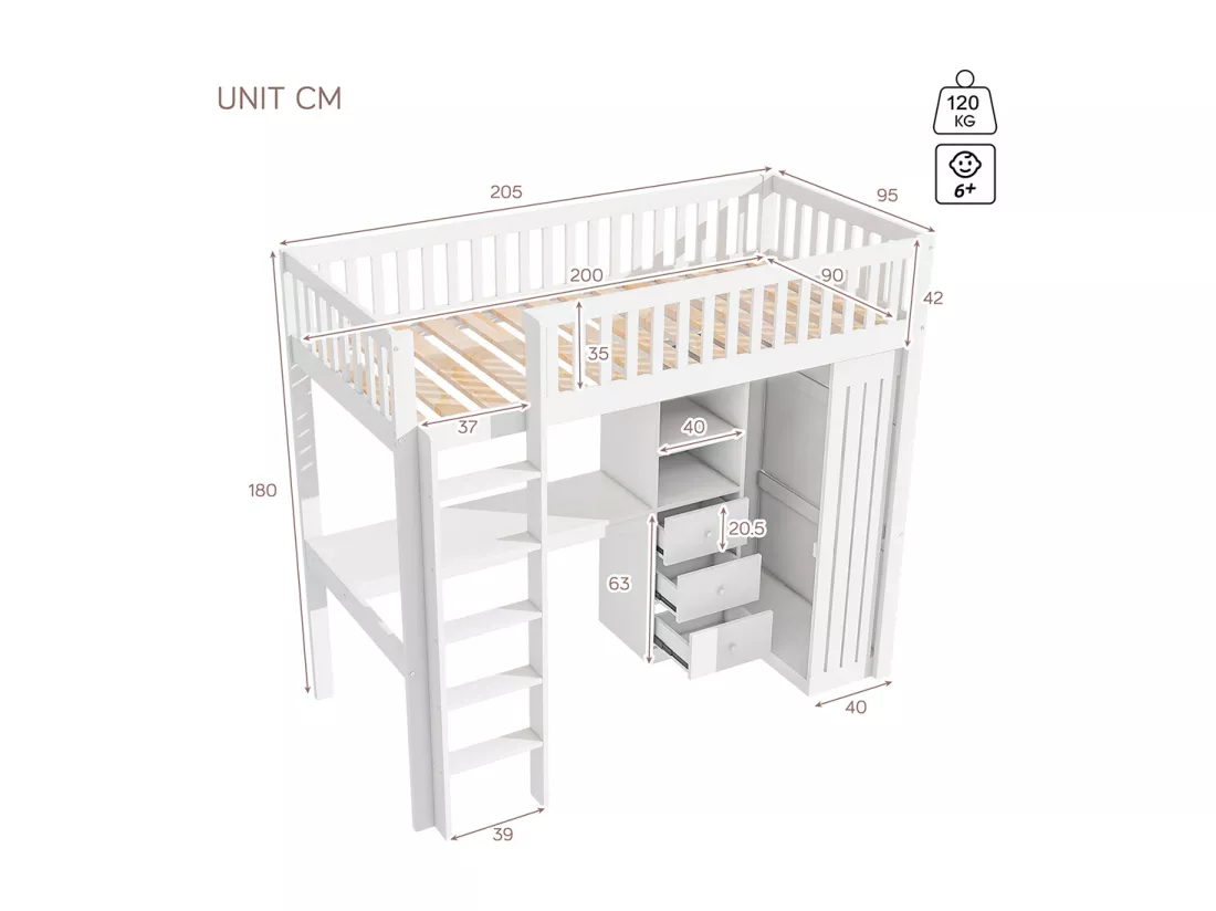 Lit mezzanine 90x200 Bureau Armoire 3 tiroirs Garde-corps Escalier Blanc