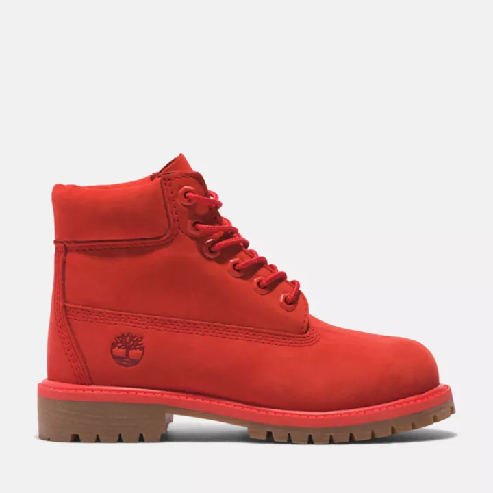 Bota Timberland Premium de 6 polegadas impermeável, edição 50, para jovens, na cor vermelha.