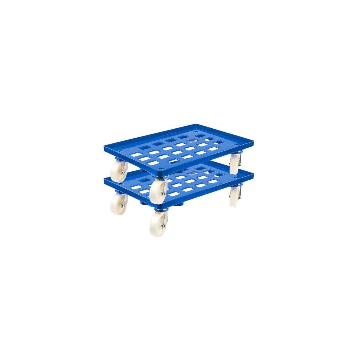 PROREGAL Voordeelset 2x Transportwagens voor Euroboxen 60 x 40 cm met Blauwe Kunststof Wielen, Roostervloer, 2 Zwenkwielen en 2 Remwielen, 300 kg