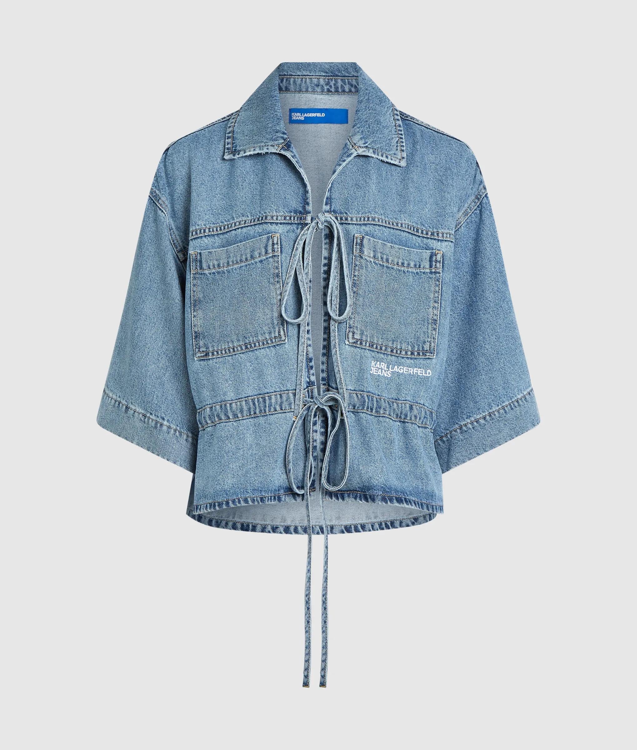 Korte mouwen stropdas denim voorzijde shirt