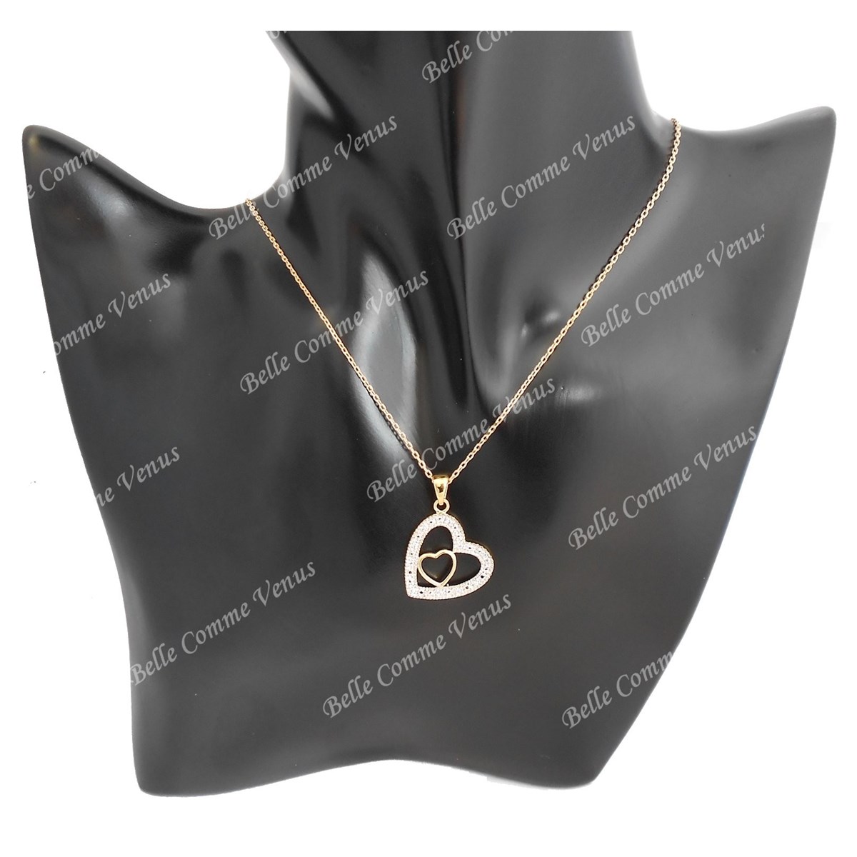 Collier 2 coeurs ajourés oxyde de zirconium Plaqué OR 750 3 microns 2 tons