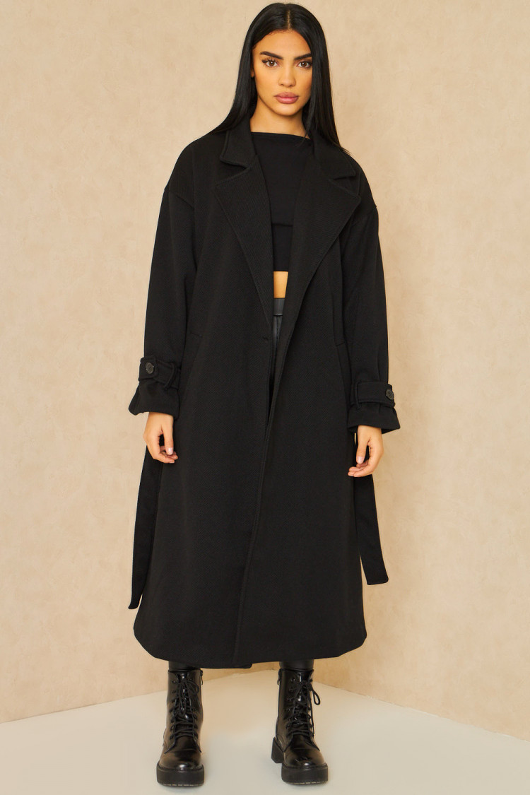 Manteau épais long côtelé style trench noir