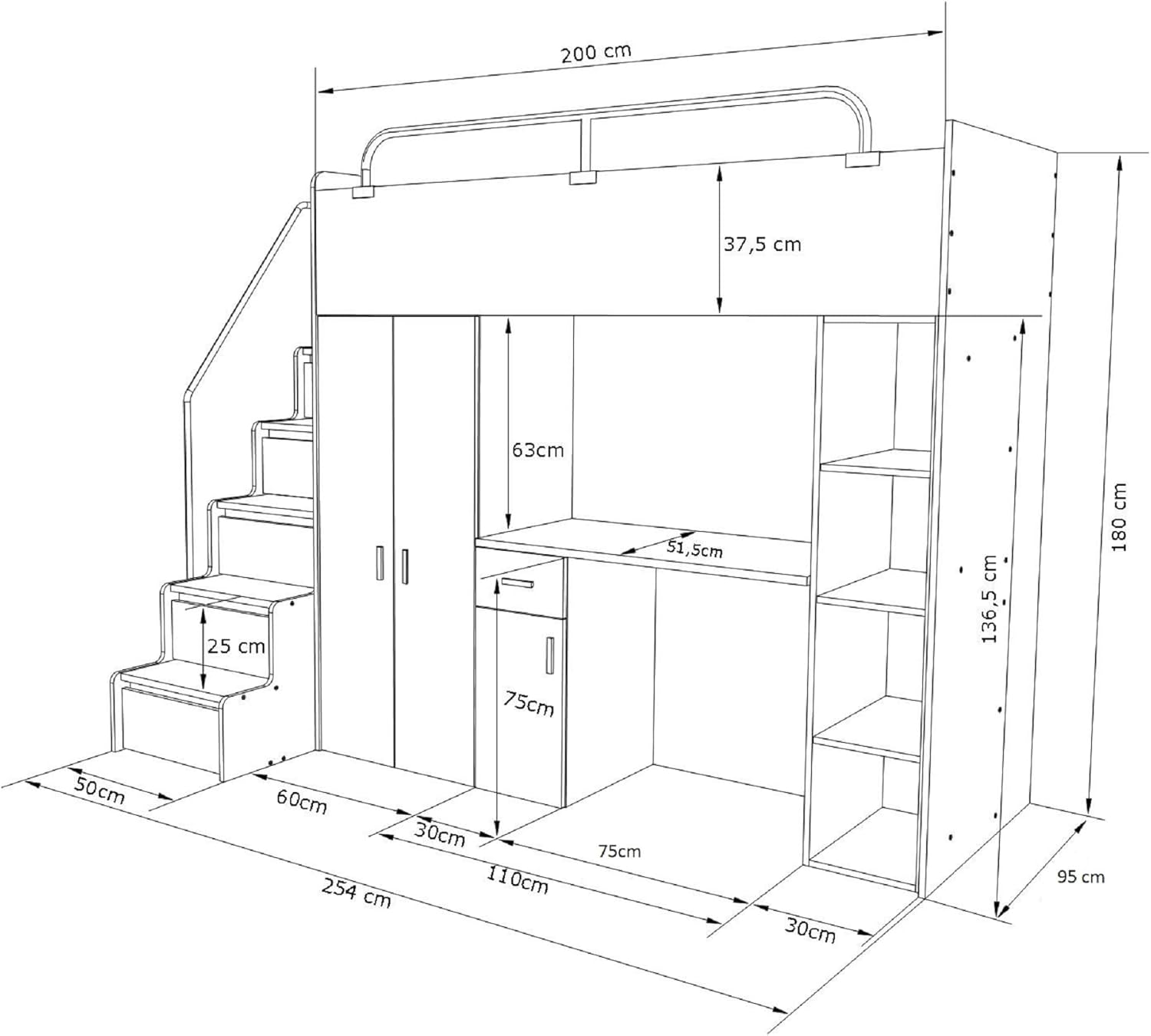 Hochbett JSM-4 90x200 mit Kleiderschrank Schreibtisch und Treppe Hochglanz Kinderbetten Funktionsbett Etagenbett Stockbett Kinderhochbett Jugendhochbett (Weiß Glanz)
