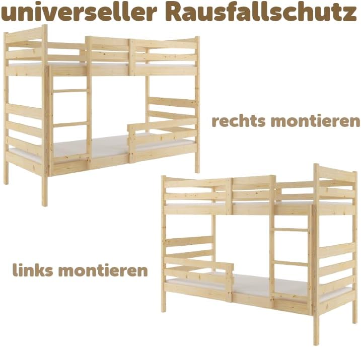 Interbeds Etagenbett Erik 200x90 Stockbett aus Kiefernholz Hochbett roh mit Leiter mit Lattenrost Naturholz Jugendbett Kinderbett für 2 Personen, teilbar in 2 Einzelbetten (Naturholz, 200x90)