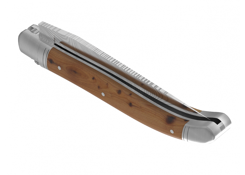 Couteau Laguiole collection damas avec un manche en bois de genévrier et 2 mitres en acier inoxydable