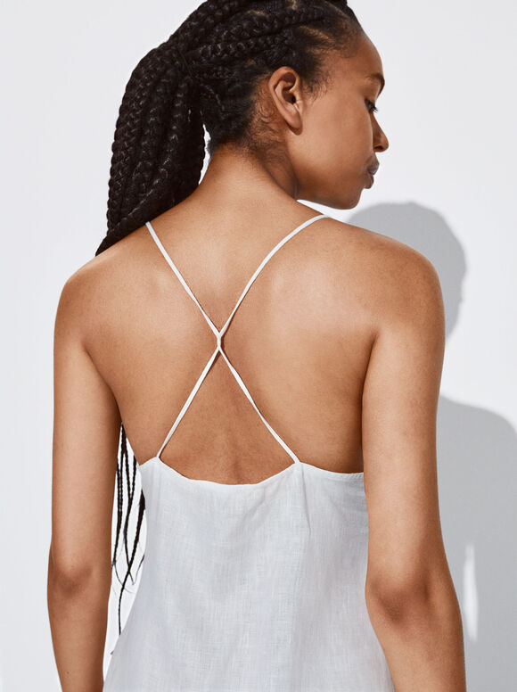 Vestido de linho com costas cruzadas - Branco-creme