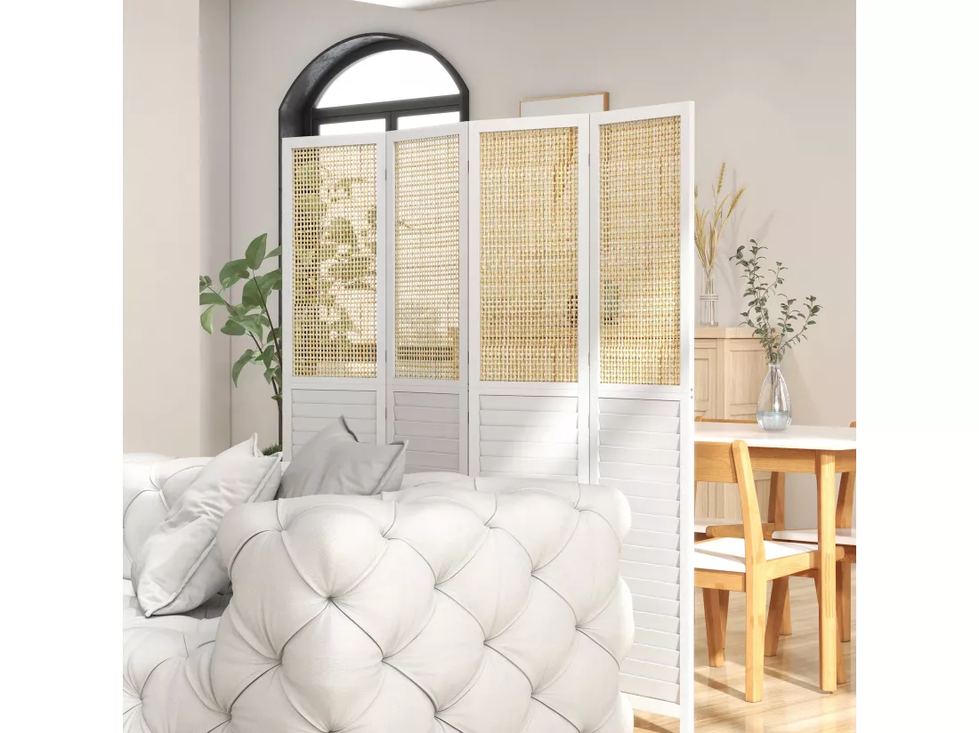 Paravent séparateur de pièce 4 panneaux pliables dim. 160L x 170H cm - bois blanc aspect rotin