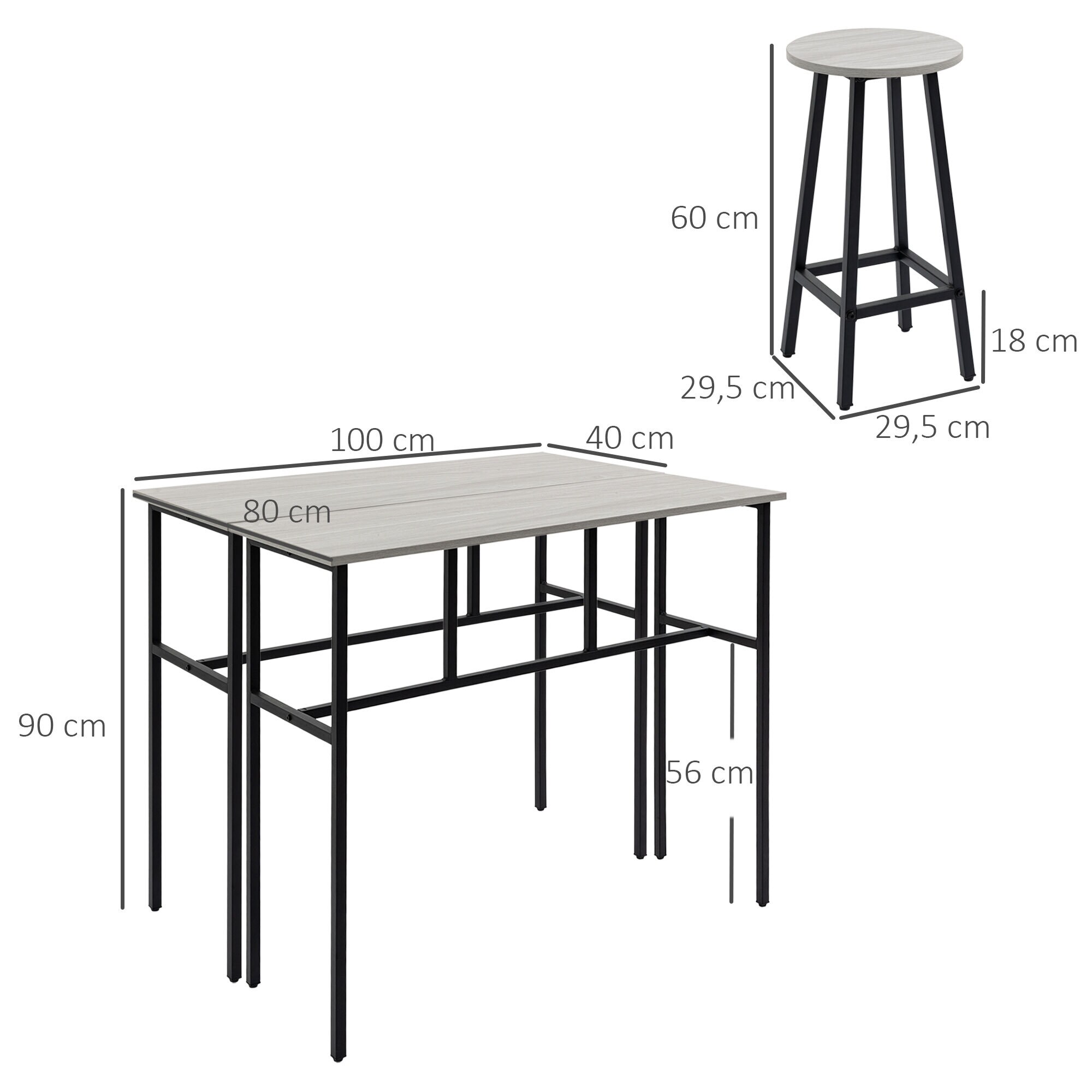 HOMCOM Bartisch-Set mit 4 Hockern schwarz, grau 100L x 40B x 90H cm