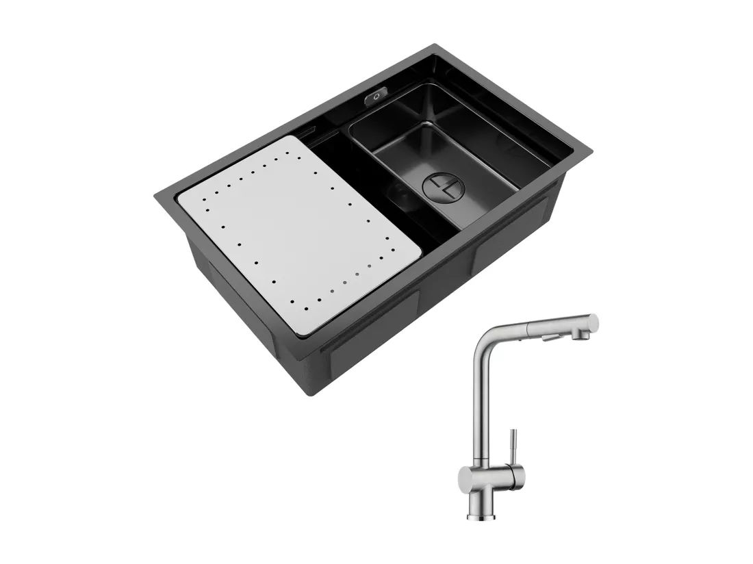 Cecipa max Évier Cuisine 1 Bac 70×44×21CM Évier à Encastrer Noir avec Egouttoir et Vasque + Mitigeur Cuisine Brossé avec Douchette Robinet Douchette