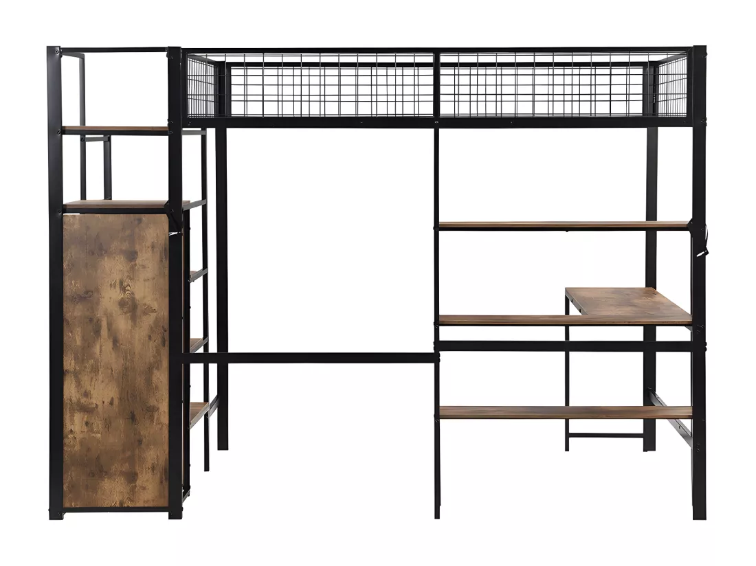 Lit superposé Lit 140x200 cm Lit jeune en fer ave table basse plusieurs étagères armoire encastrée noir