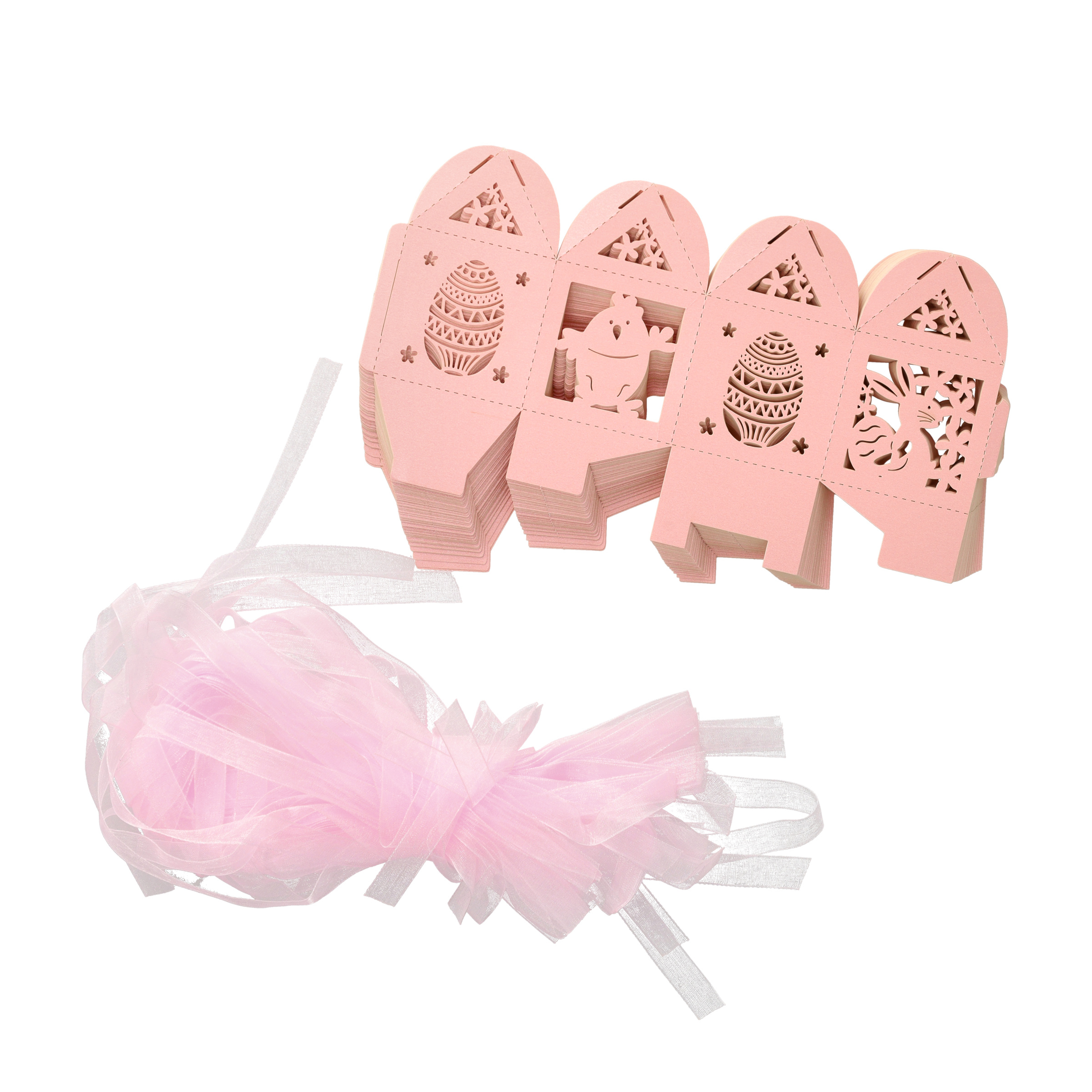 (100-tlg. Set) 5x8cm Mini Papier Osternest Geschenk Schachtel Faltbare Candy Gift Box Mitbringsel inkl. Organza Band - Rosa
