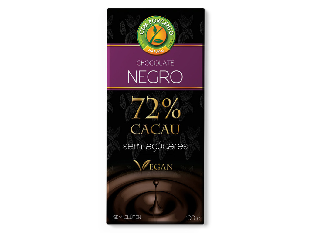 CHOCOLATE NEGRO CEM PORCENTO 72% CACAU SEM AÇÚCAR 100 G