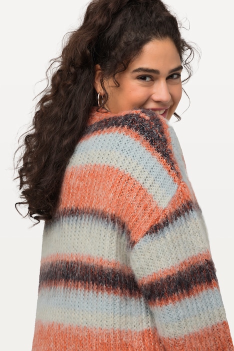 Long-Strickjacke, Ringel, V-Ausschnitt, offene Form