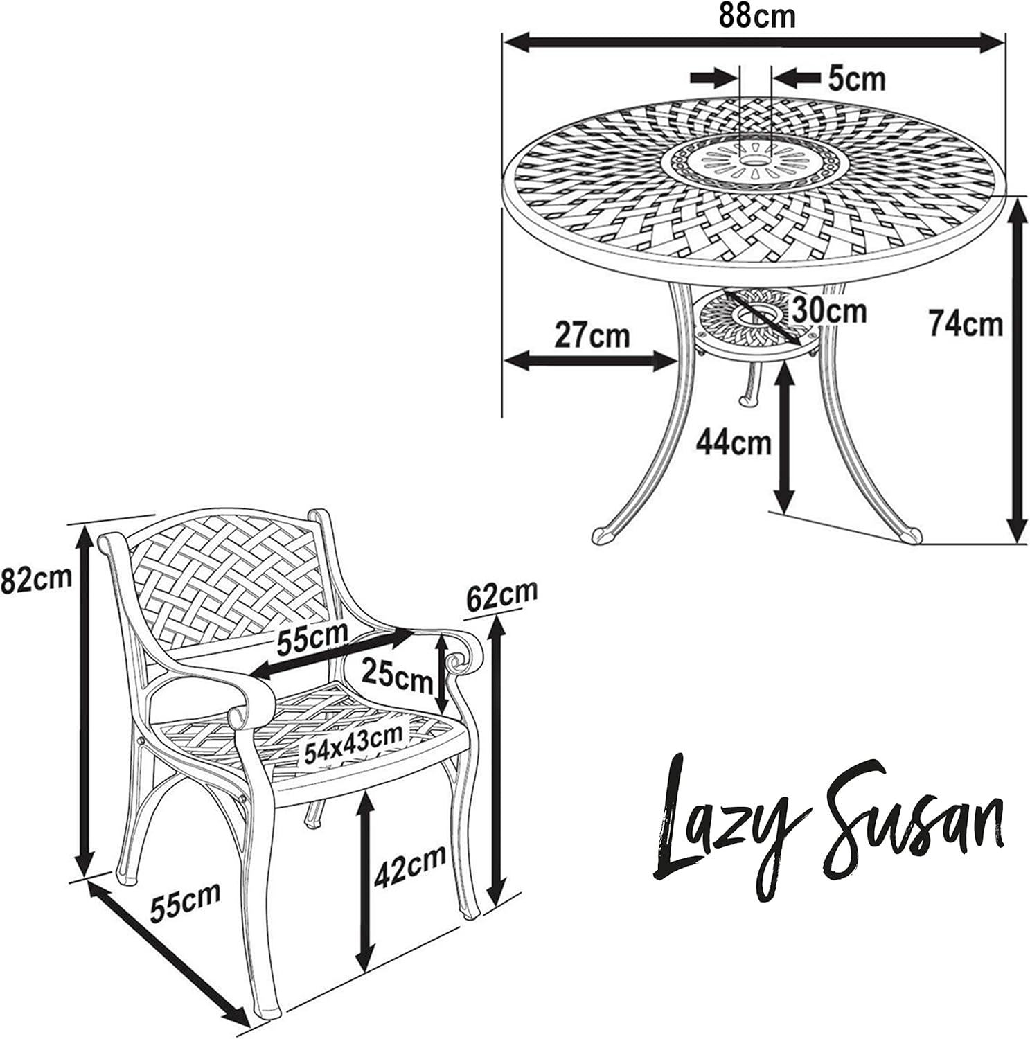 Lazy Susan 88 cm Runder Mia Gartentisch in Antik Bronze mit 4 Kate Stühlen, Ohne Sitzkissen | Nachhaltiges Sandguss-Aluminium | Wetterfest | Rostfrei | Wartungsarm | 3 Jahre Garantie