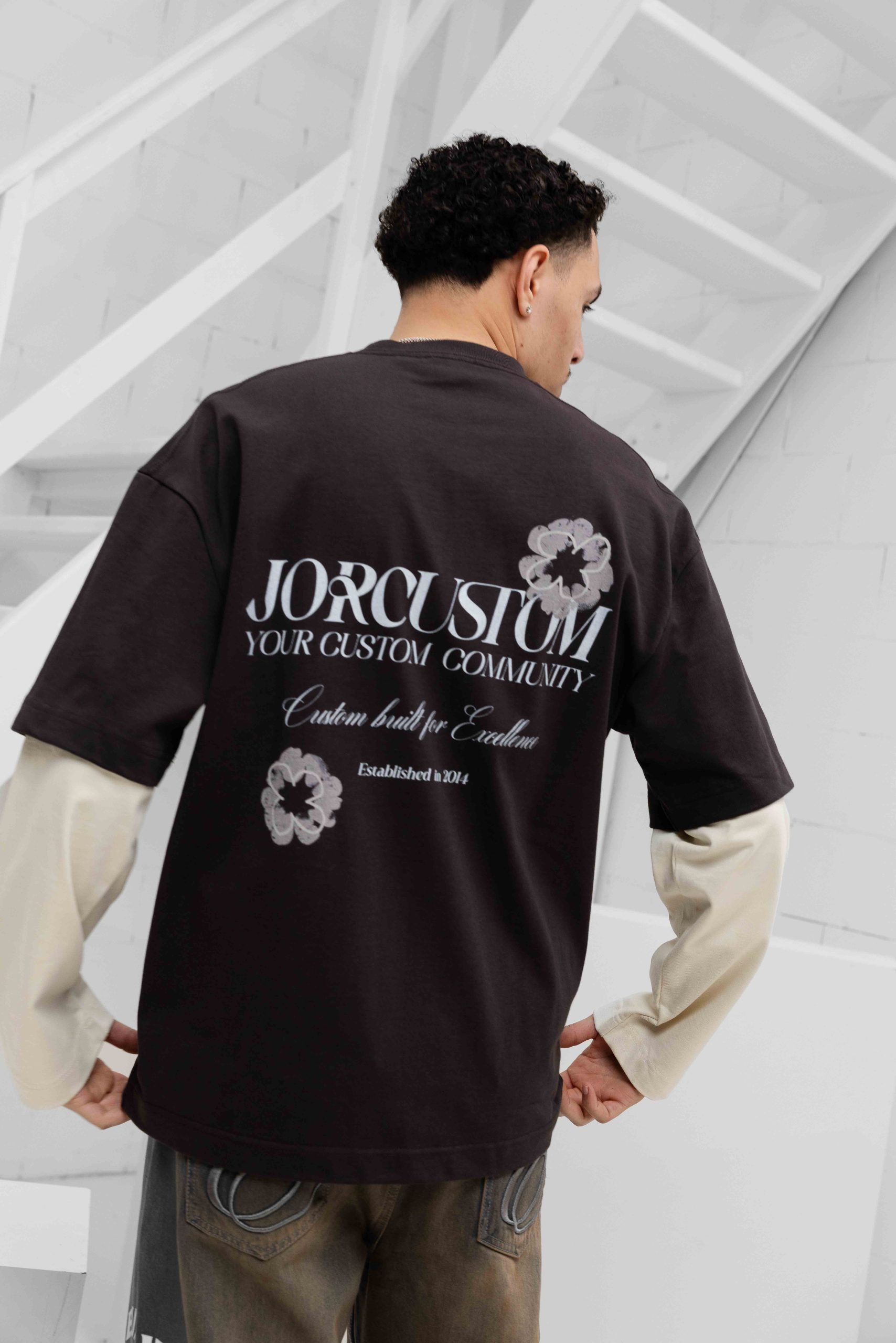 Jorcustom Flowers Double Layered Longsleeve T-Shirt Heren Bruin/Beige