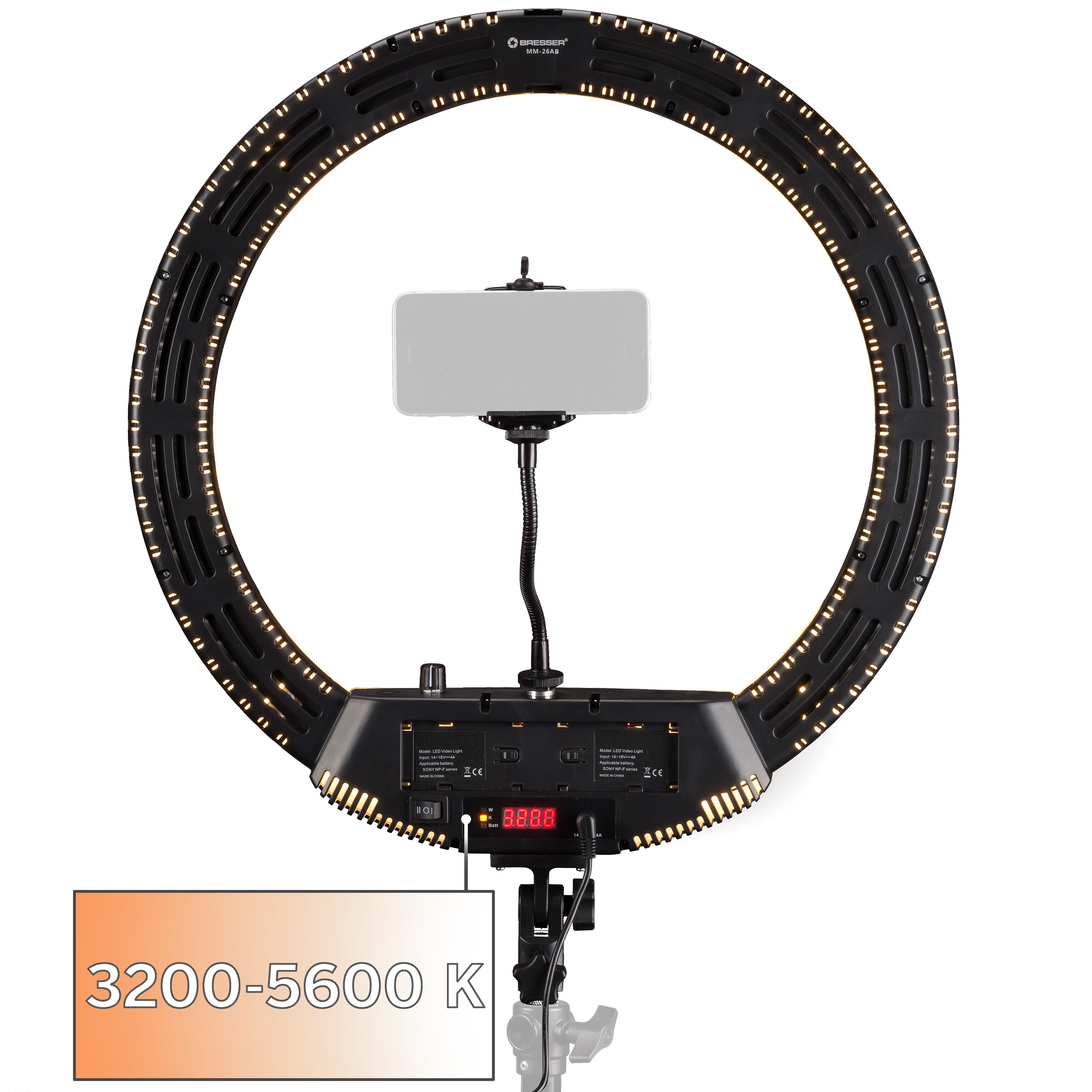 BRESSER MM-26AB Bi-Color LED Ringlicht 48W dimmbar mit Smartphonehalter und Fernauslöser