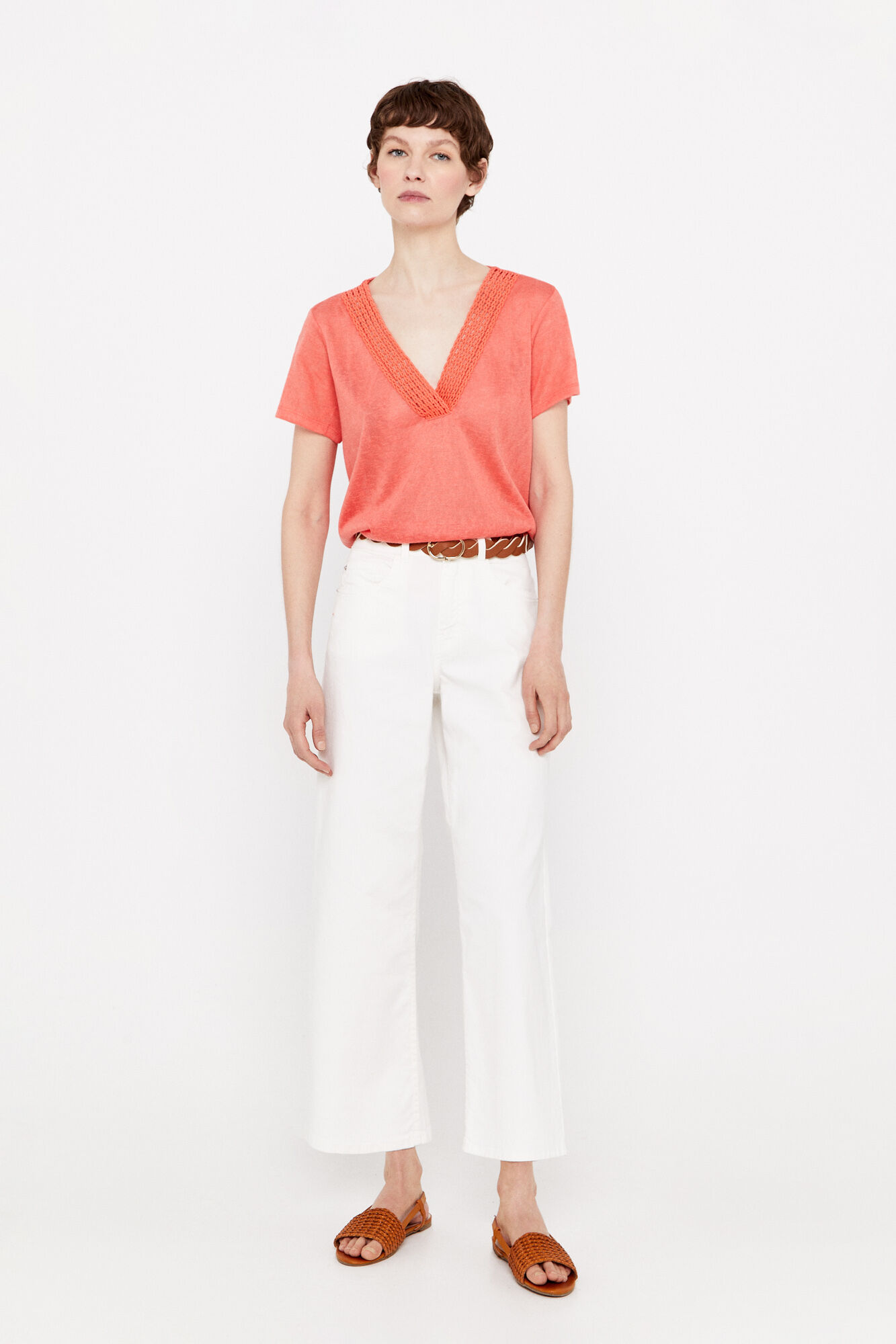 Camiseta com efeito linho - Coral