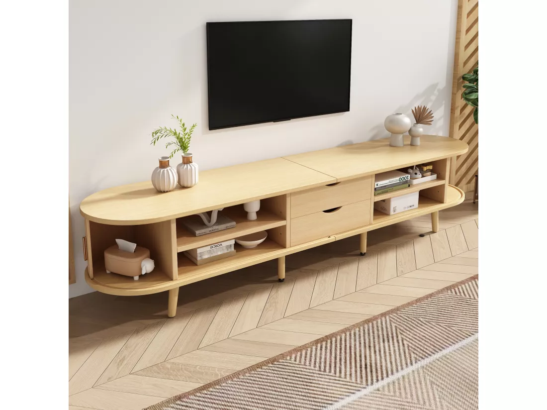 Meuble TV avec 2 portes coulissantes en forme ovale - 175 x 40 x 42cm - Bois MDF - Couleur bois