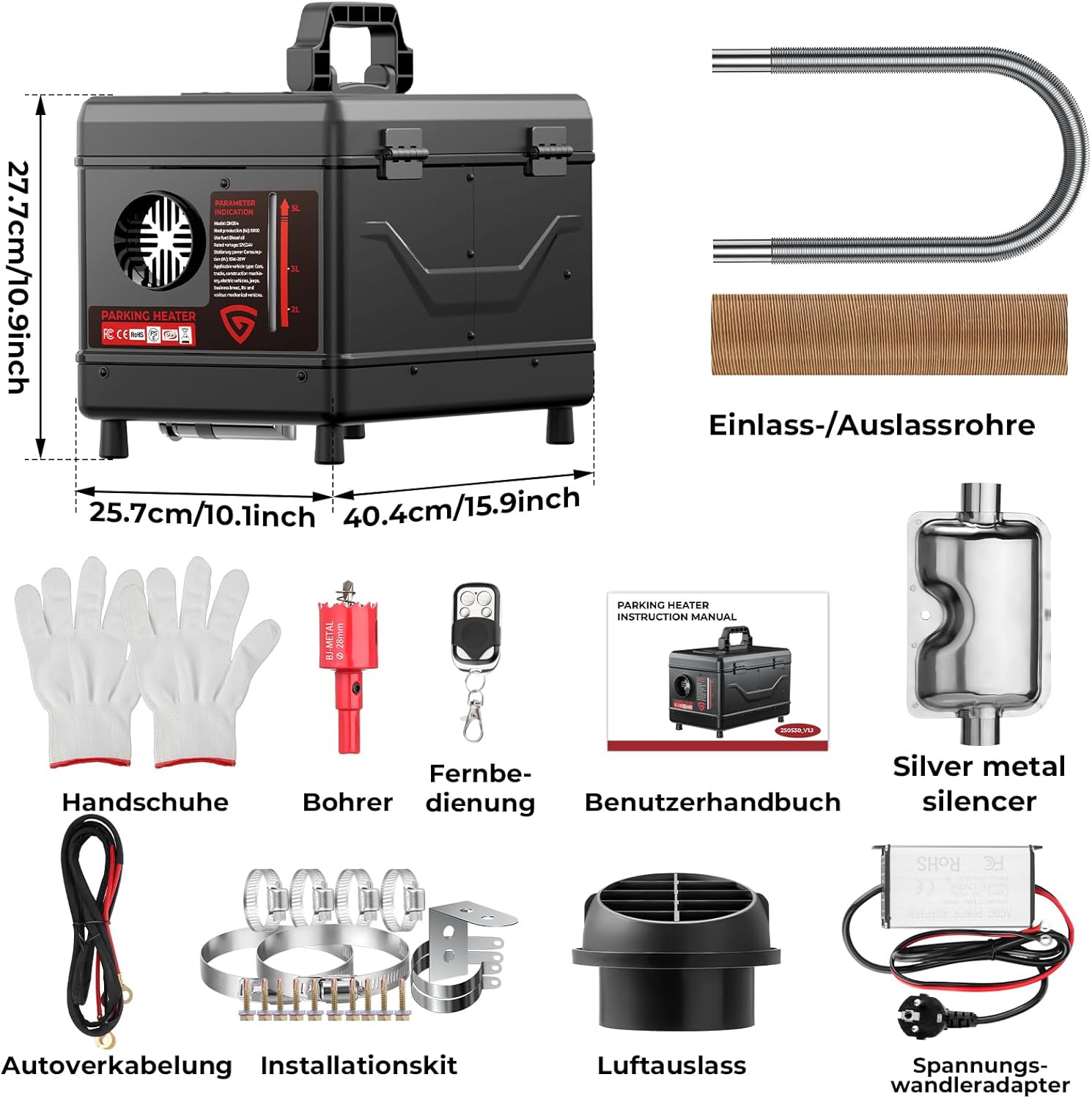 Dieselheizung 12V/24V 8 kW, All-in-One 5L Diesel Standheizung mit Bluetooth APP Fernbedienung und LCD Bildschirm, geeignet für Zuhause, Werkstatt, Garage, Wohnmobil, LKW, RV, Schwarz