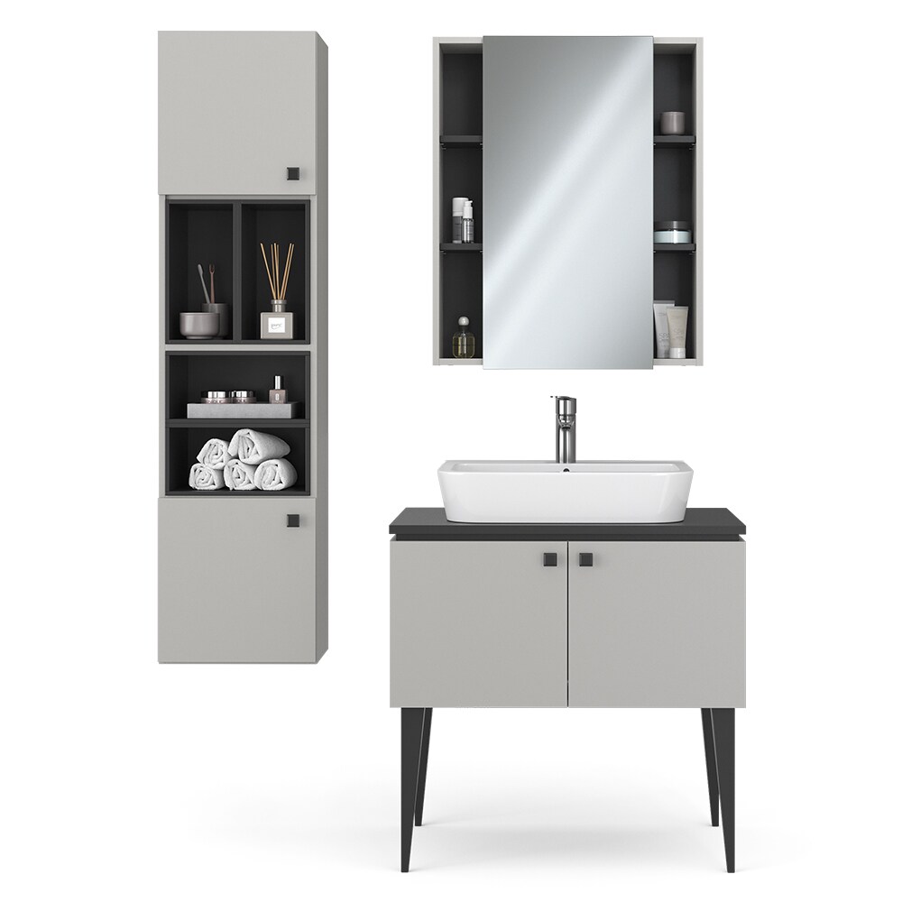 Vicco Badmöbel-Set Gerta in Grau-Schwarz, Badezimmer-Set, moderne Badserie, Spiegelschrank, Waschbeckenunterschrank, Hängeschrank mit 2 Türen