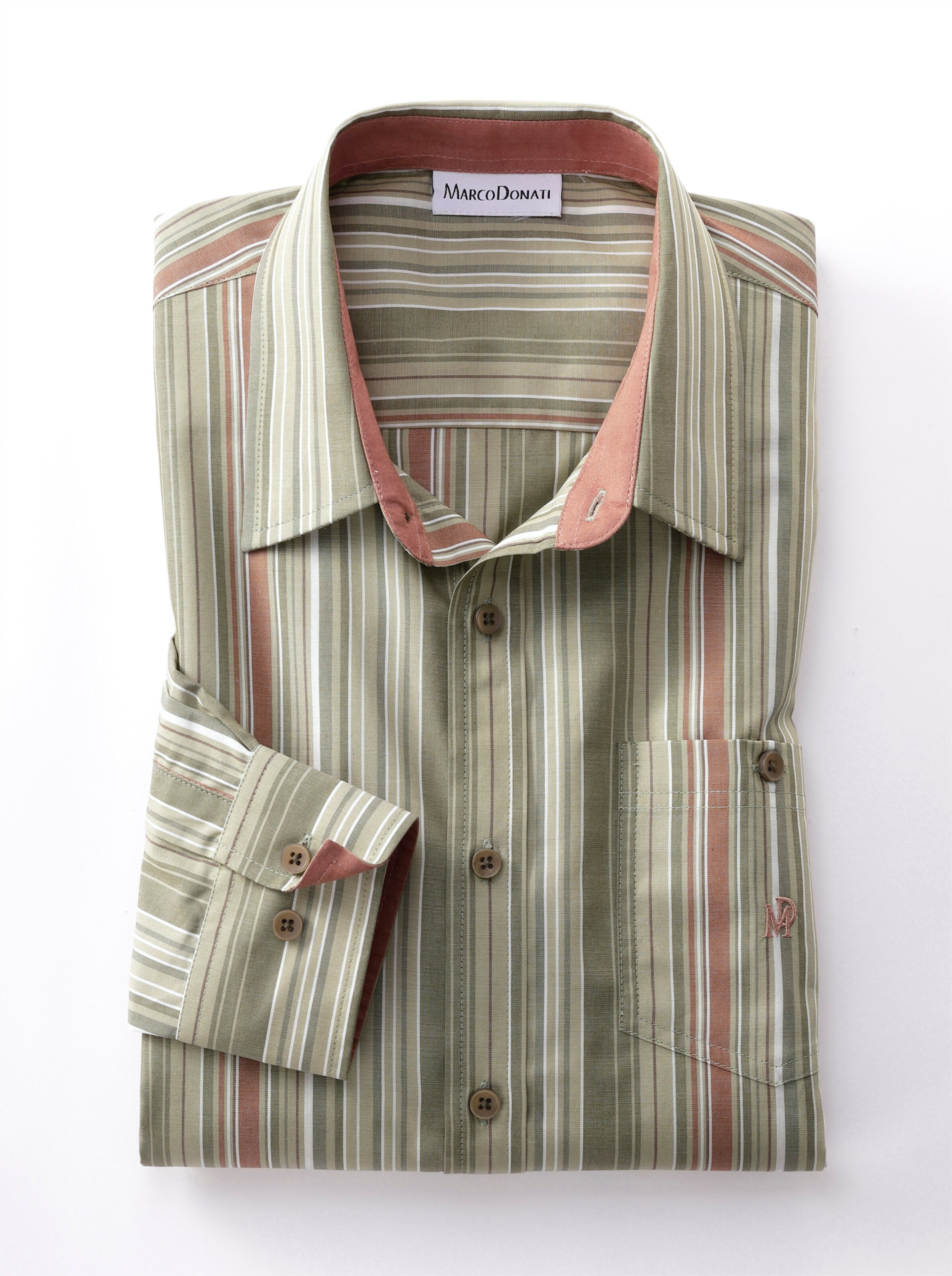 Marco Donati Langarm-Hemd in khaki-gestreift