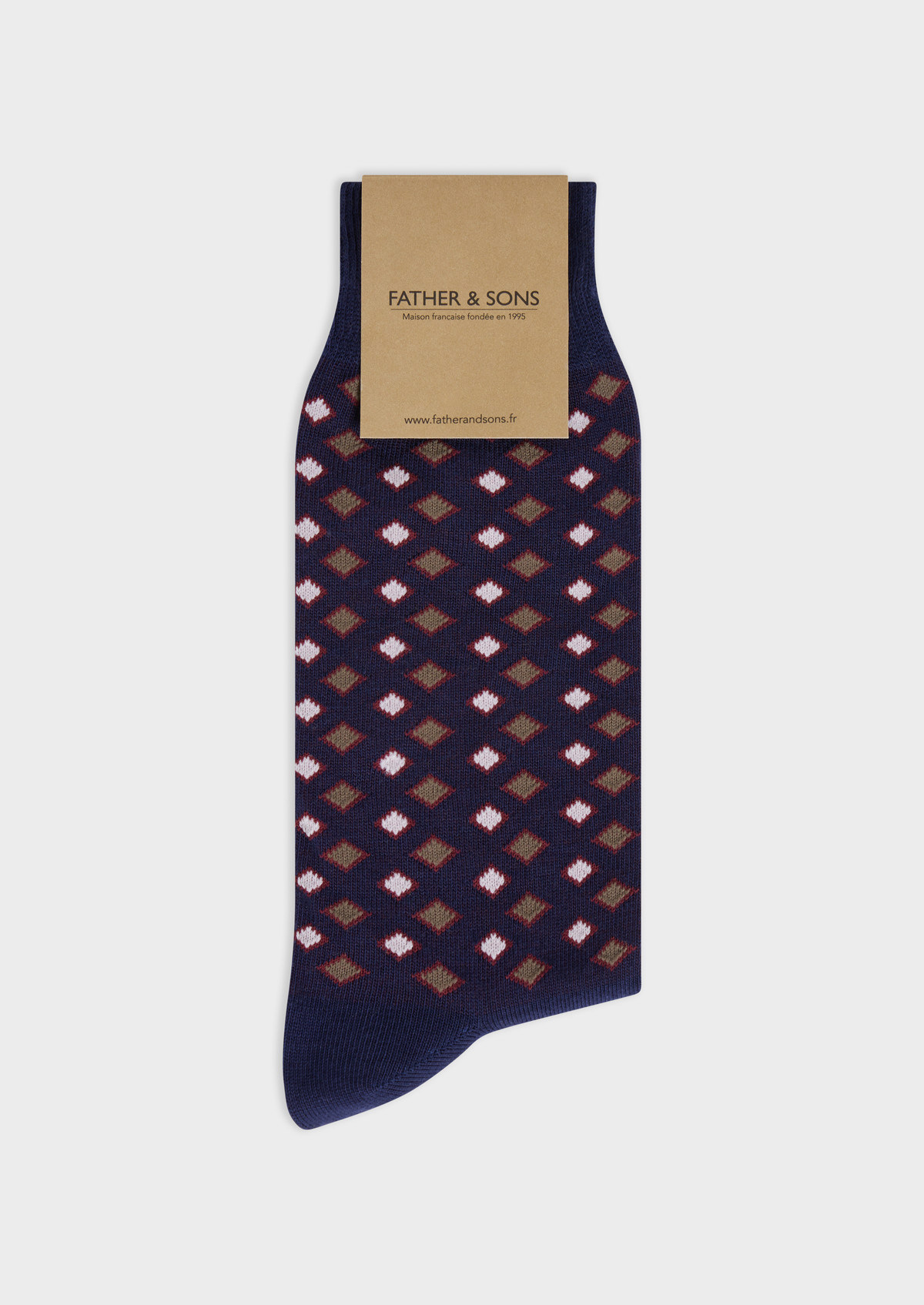 Chaussettes en coton bio mélangé bleu indigo à motif fantaisie blanc, kaki et bordeaux