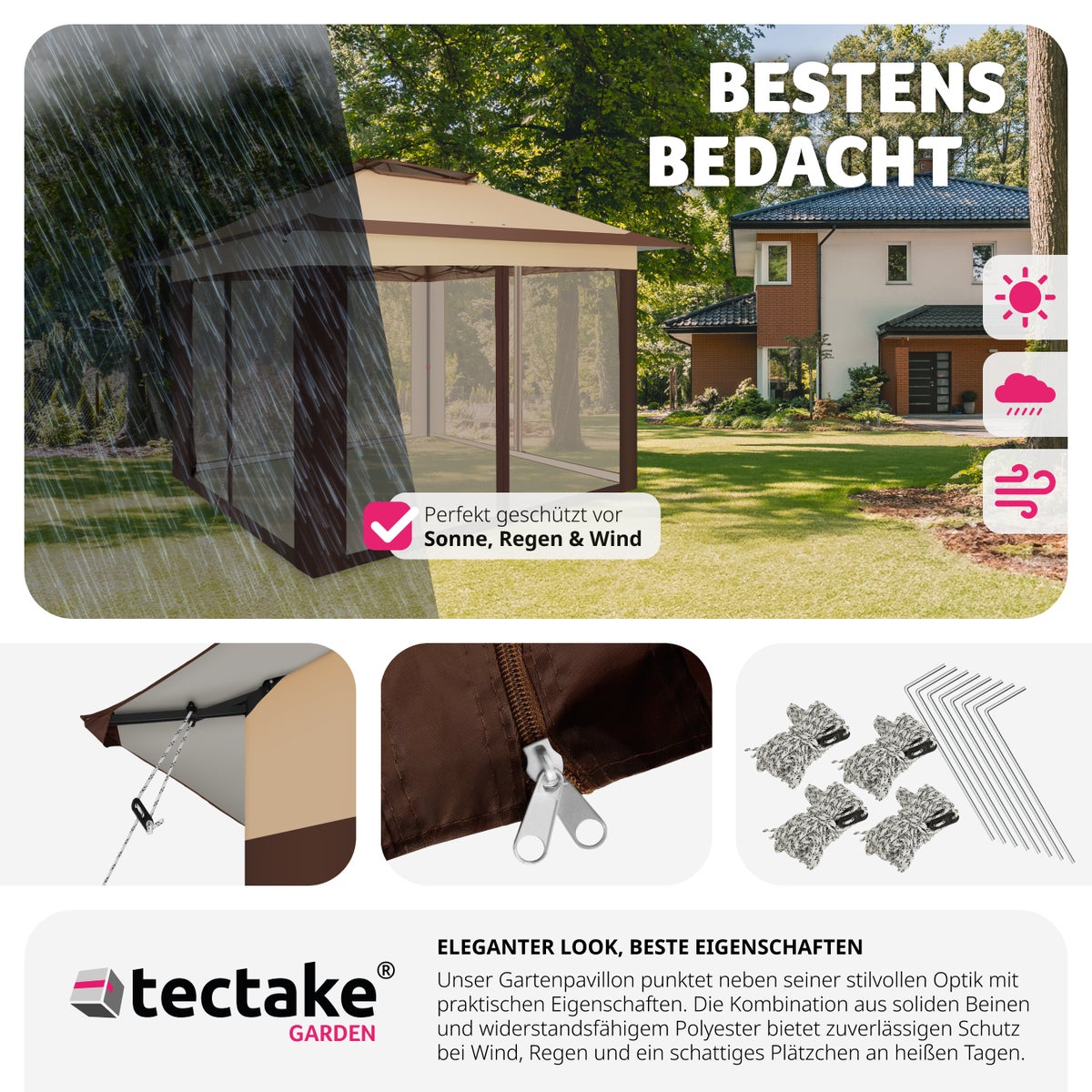 Opvouwbaar paviljoen tectake Carabobo 3,64 x 3,64 x 2,94 m inclusief scheerlijnen, haringen en draagtas