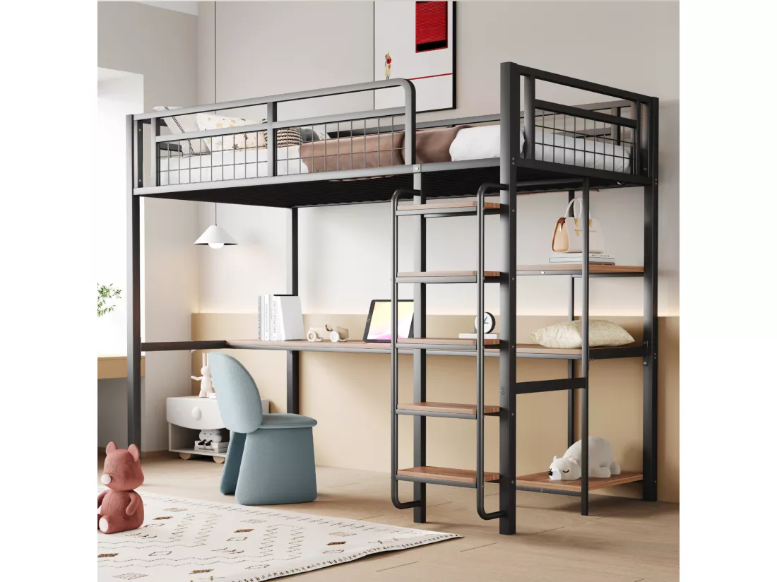 Lit mezzanine 90 x 200 cm avec bureau étagères de rangement - Métal et MDF - pour enfant - Noir
