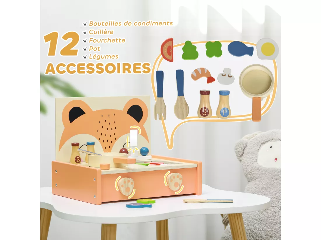 Mini-cuisine en bois cuisine enfant motif renard jouet d'imitation pour enfant avec 12 accessoires poêle spatule condiments fruits légumes - pour 3-5 ans