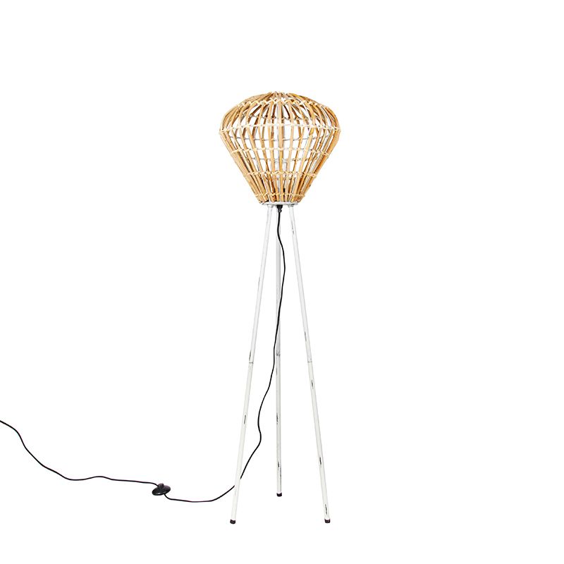 Landelijke vloerlamp tripod bamboe met wit - Canna Diamond