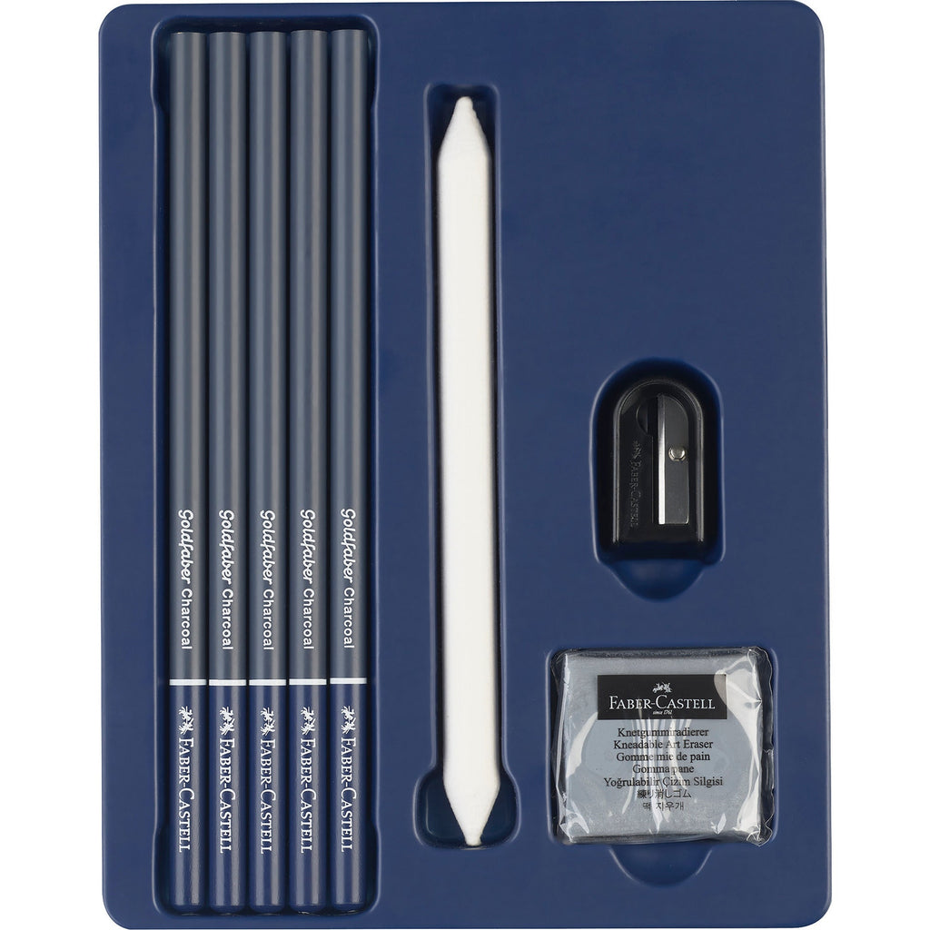 Conjunto Esboço Carvão Esfuminho + 5 Lápis + Afia + Borracha Faber Castell