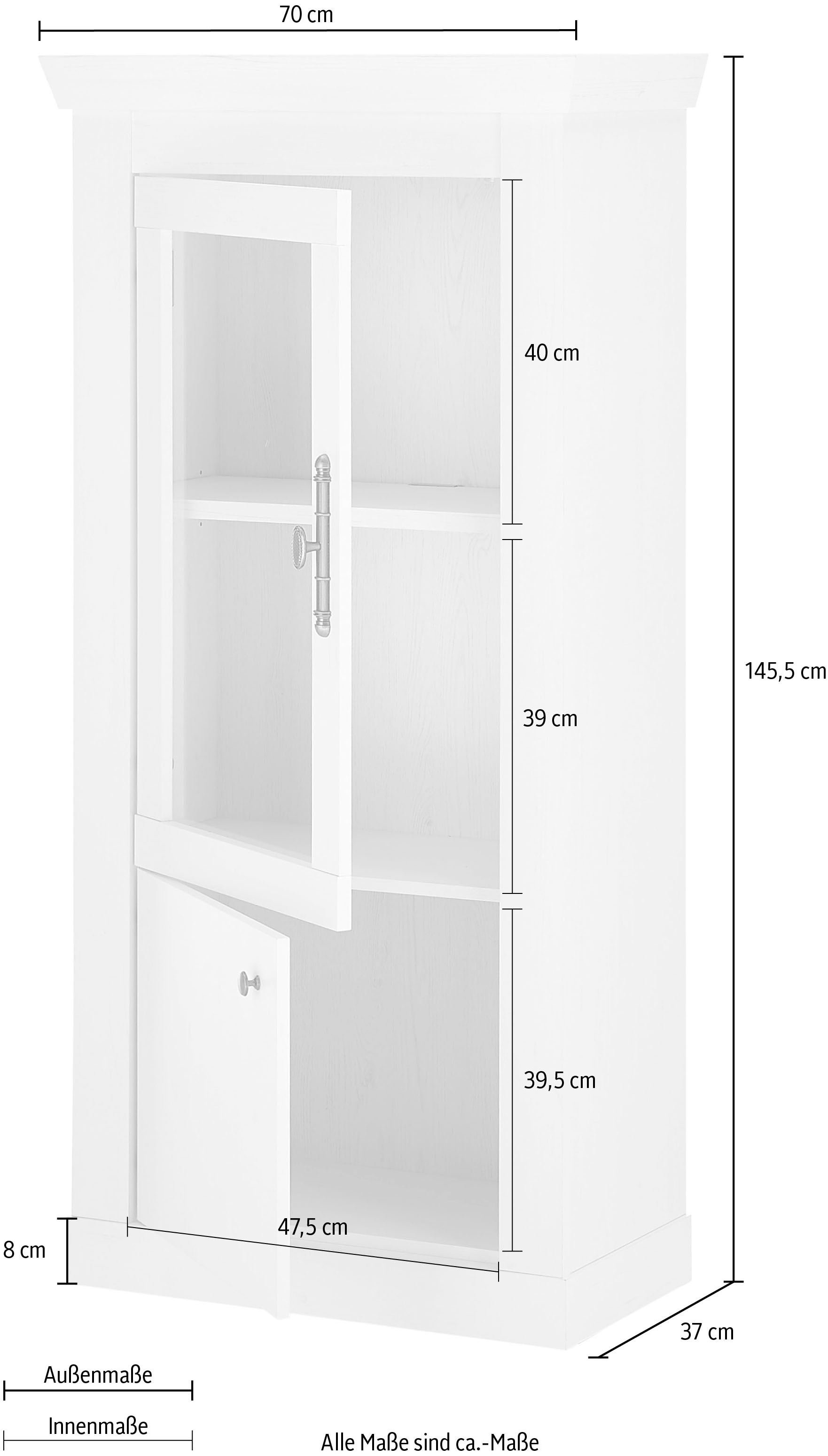 Home affaire Vitrine »RAVENNA« im romantischen Landhausstil, Griff aus Metall, Höhe 146 cm