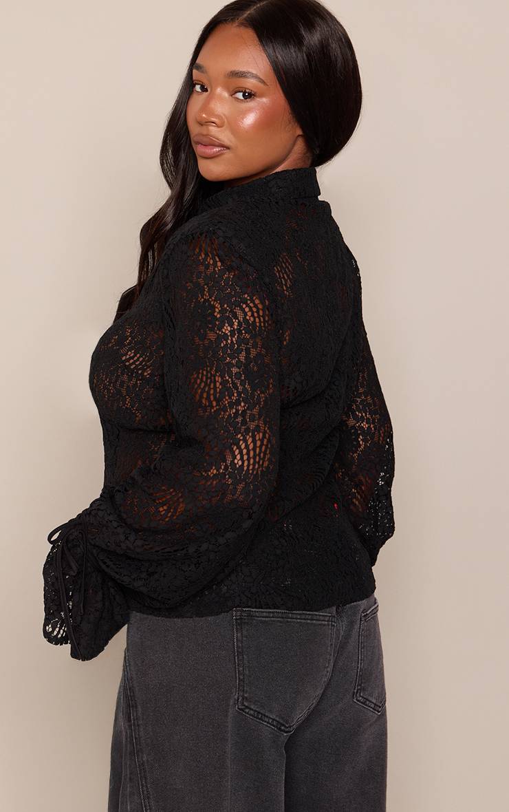 Noir Chemise Grande Taille En Dentelle Transparente Avec Épaulettes Et Poignets À Nouer