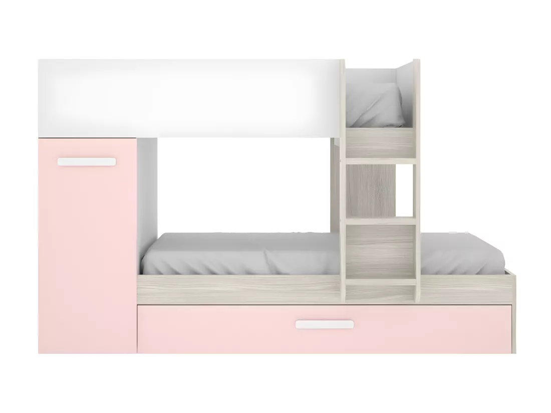 Lits superposés avec tiroir lit gigogne et rangements 3 x 90 x 190 cm - Blanc, naturel et rose - ANTHONY