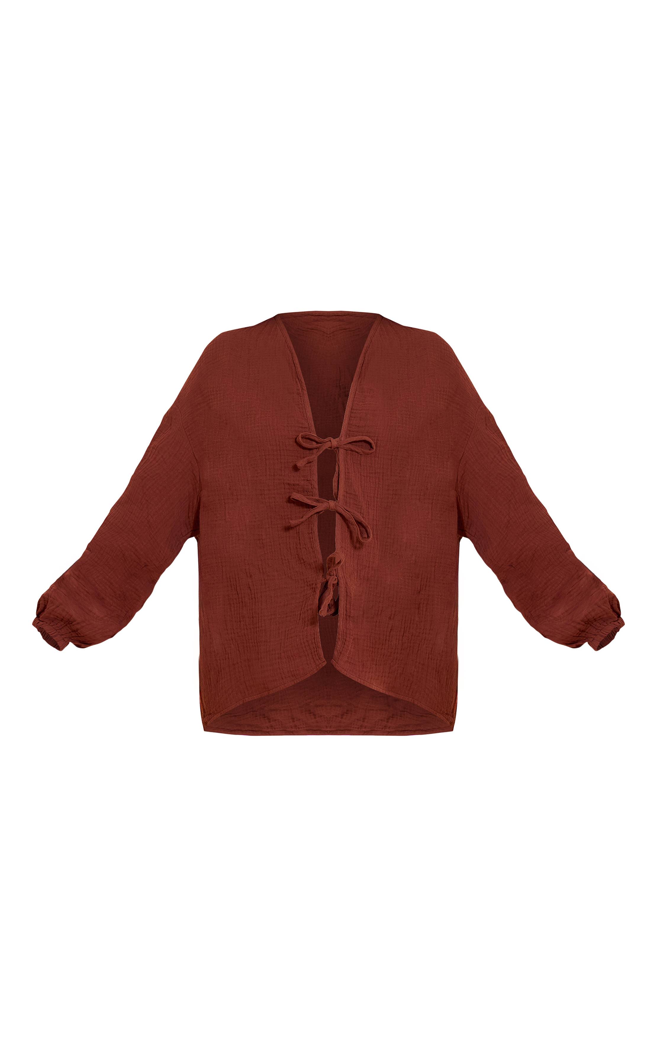 Marron Foncé Chemise Texturée Effet Gaze À Nouer Devant