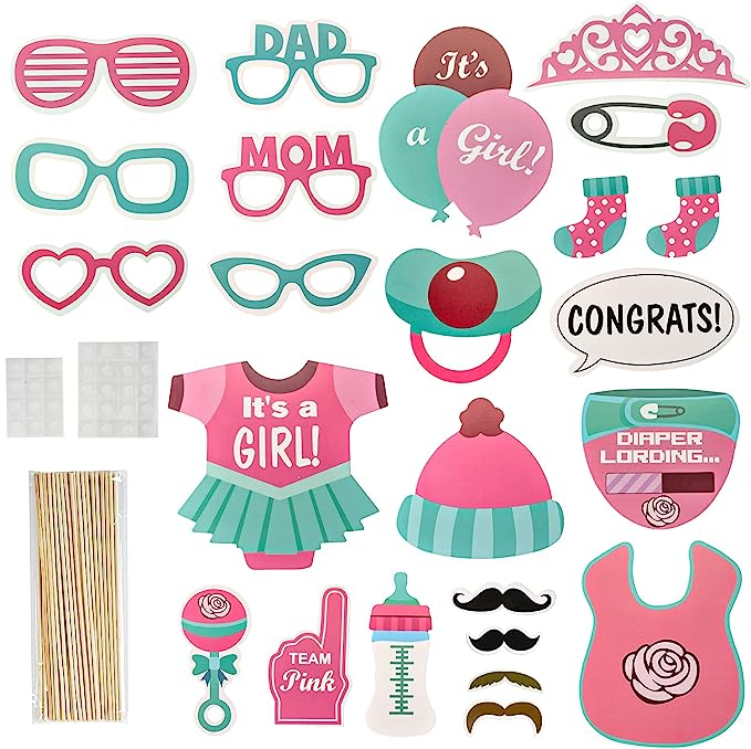 (25er Set) Photo Booth Fotorequisiten Party Foto Accessoires Baby Shower / Gender Reveal Deko für lustige Bilder - It's a Girl
