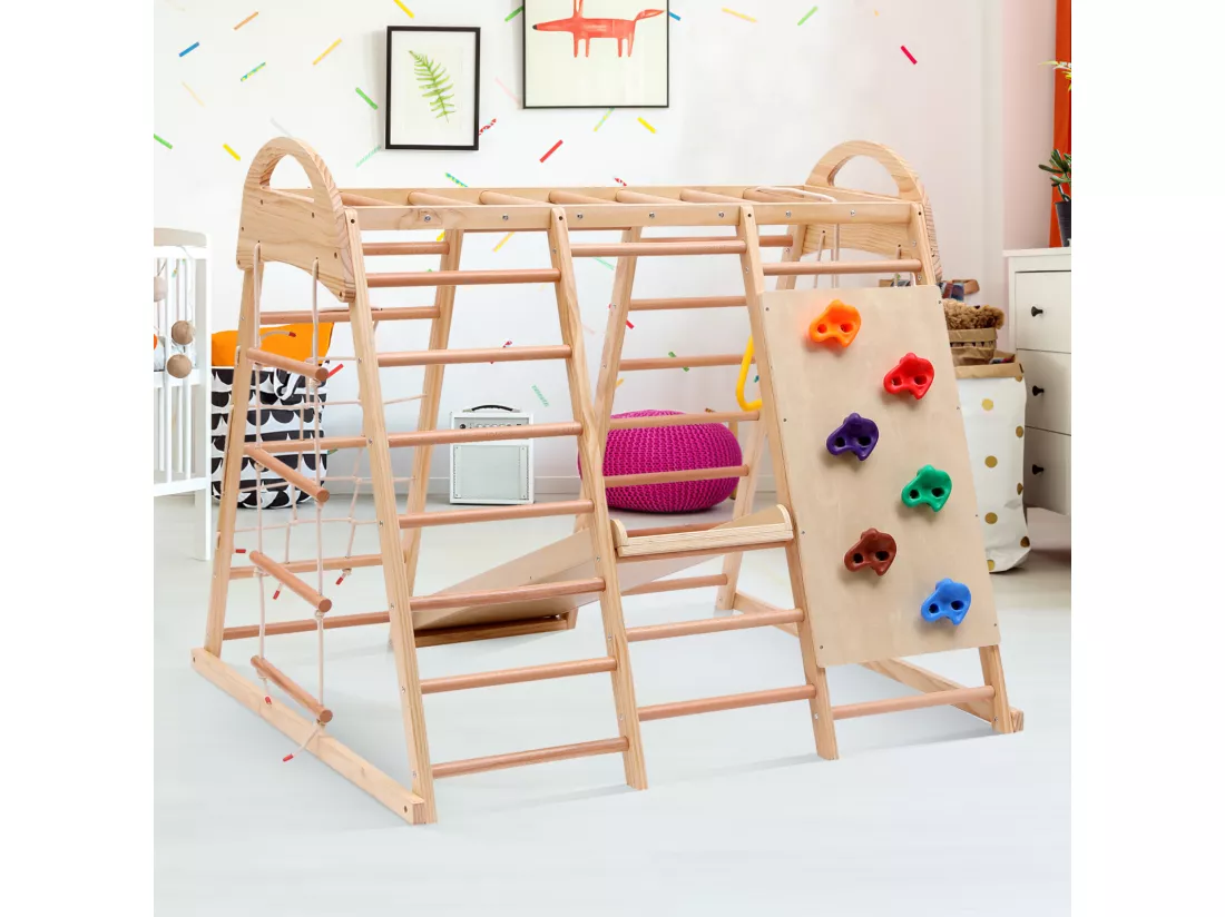 Aire de jeux 7 en 1 avec toboggan, balançoire et filet d'Escalade, 140 x 120 x 120 cm