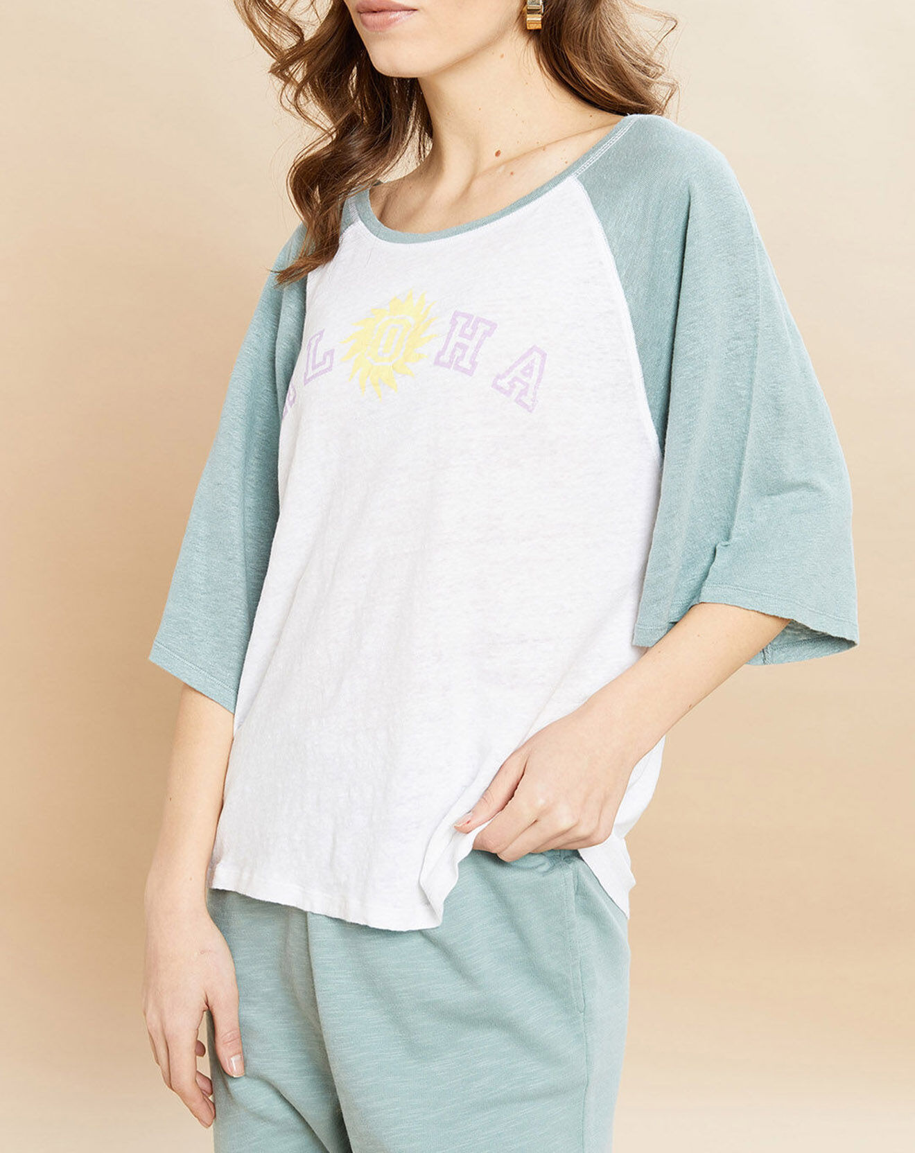 Hartford T-Shirt 100% Lin Tekla eucalyptus/blanc