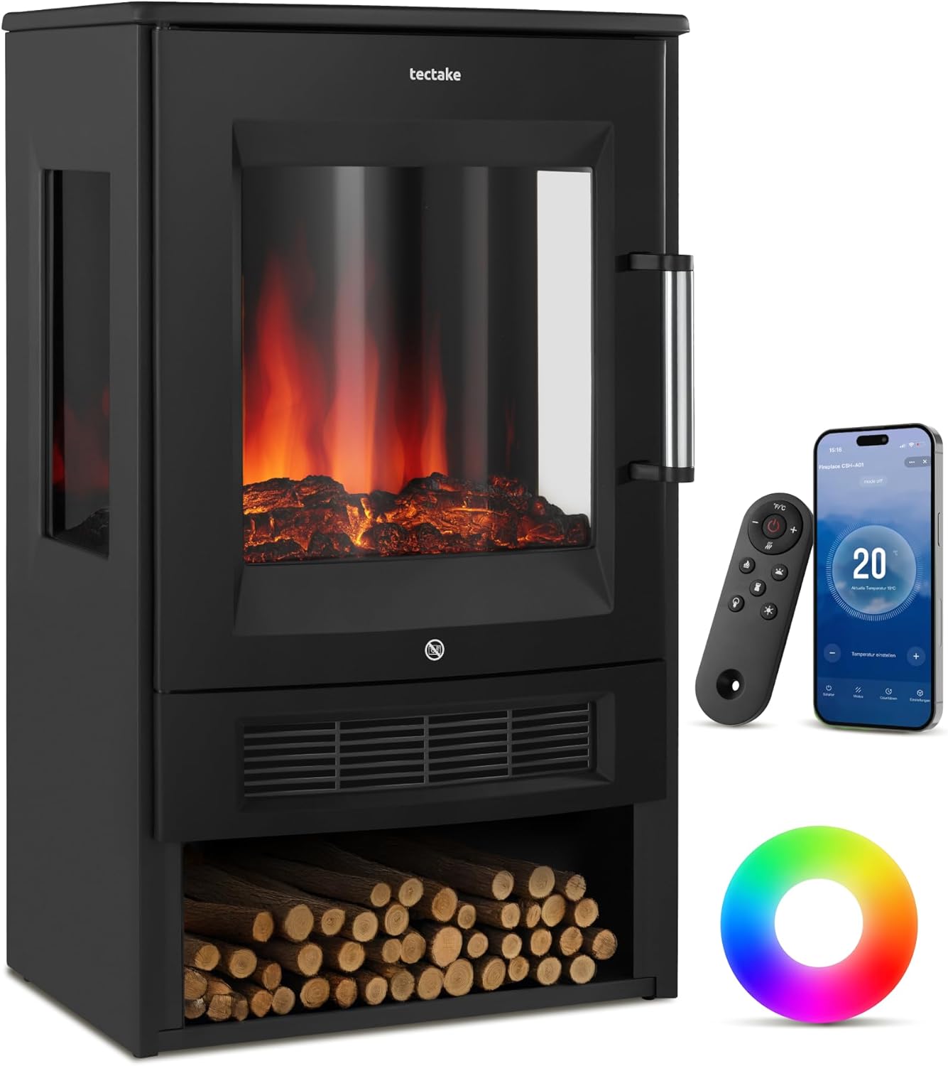 tectake® Elektrokamin mit 2 Heizstufen 900W/1800W, elektrischer Kamin mit 3D-Flammeneffekt Kaminfeuer in 8 Farben, Kamin mit Fernbedienung und Tuya-App-Steuerung, Timer, Elektro Kamin, schwarz