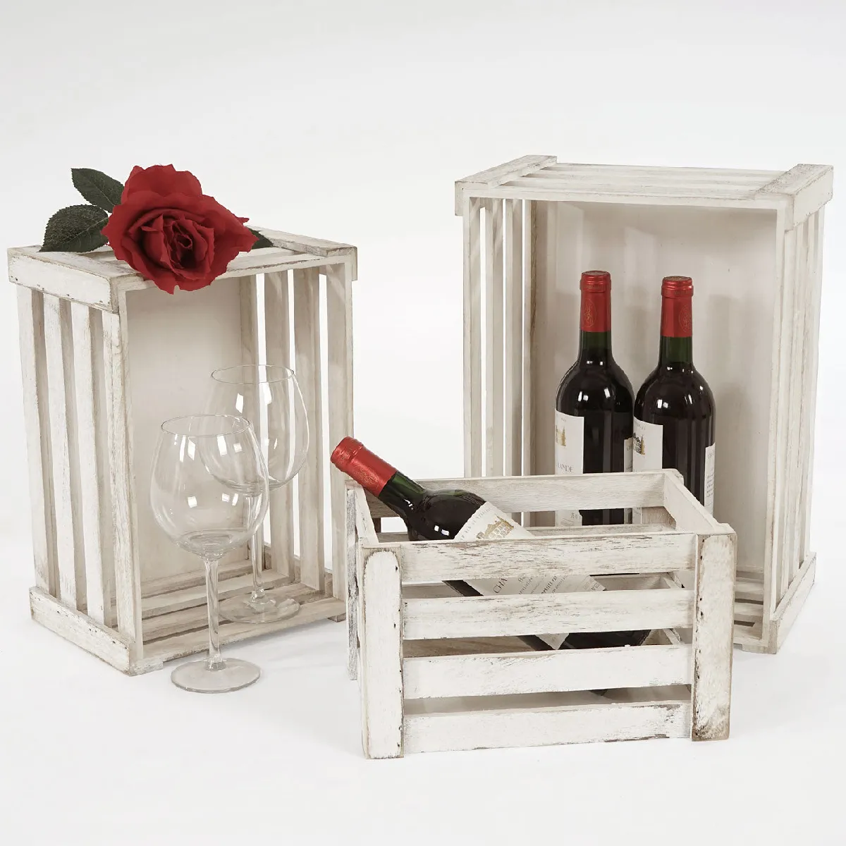 Decoshop26 Ensemble de 3 Caisses en Bois - Blanc Vieilli