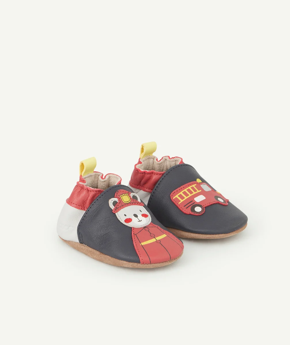ROBEEZCHAUSSONS BÉBÉ EN CUIR BLEU MARINE GRIS ET ROUGE POMPIER