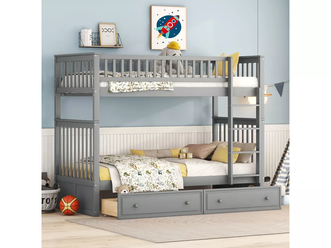 Lit Mezzanine Enfant 90 X 200 cm En Pin - Lits Superposés Avec 2 Tiroirs - Gris