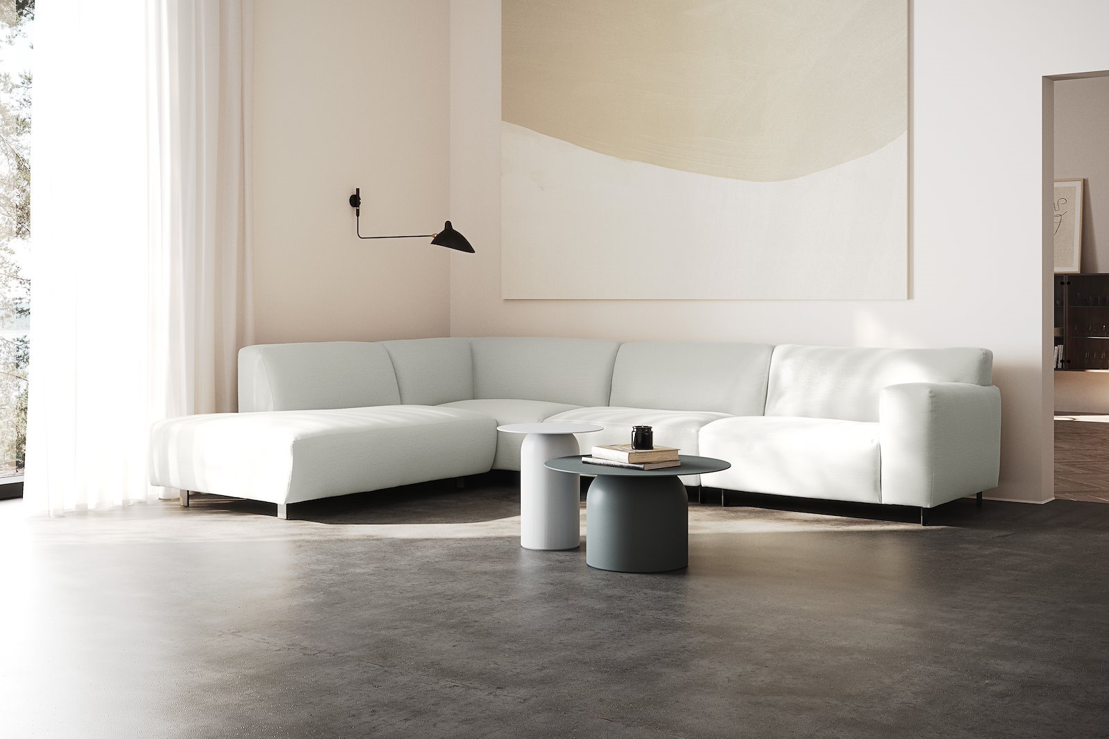 Vesta hjørnesofa 3-seter med åpen ende venstre, Big hjørnemodul, Tekstil Cortina White, standardsøm, sort metallben 10 cm, Comfort CM