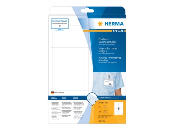 HERMA Special - Ikke-adhesiv - perforert - hvit - 90 x 60 mm 200 kort (25 ark x 8) etiketter til navneplater