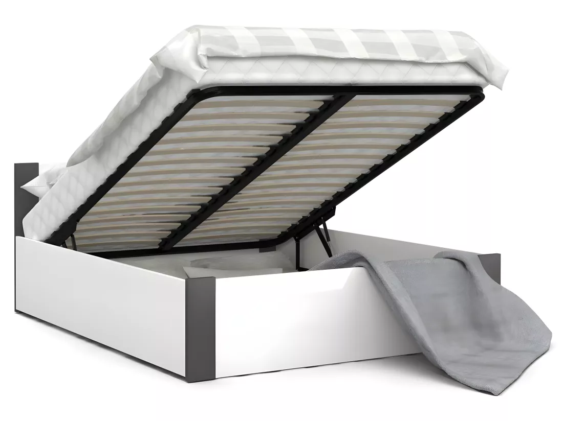 Lit BOSTON 160x200 + coffre - Sommier inclus Blanc - gris