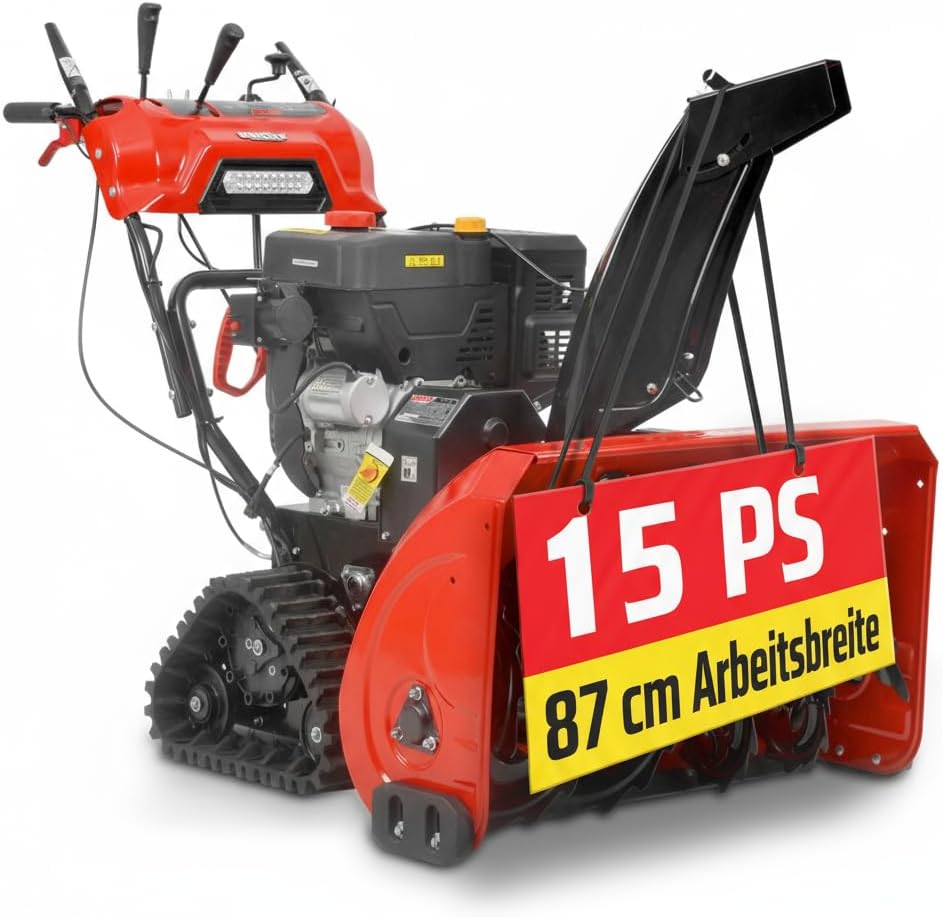 HECHT Schneefräse Benzin – 87 cm Arbeitsbreite – 2-stufig – 51 cm Arbeitshöhe – 15 m Auswurfweite – mit E-Start, Raupenantrieb, 6-Vorwärts- & 2-Rückwärtsgänge, LED-Scheinwerfer, Griffheizung